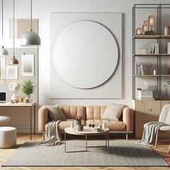 A living room style interior set design with a mockup poster empty white and with a couch and a round white frame on the wall Vibrant unique informative unique.
