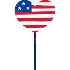 Cute cartoon American flag in the shape of heart on the stick. US flag as sign of Independence day, 4th July, freedom and democracy. Hand drawn red and blue illustration isolated on white background