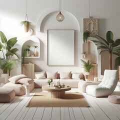 A living room style interior set design with a mockup poster empty white and with a large couch and a coffee table Vibrant optimized unique engaging.