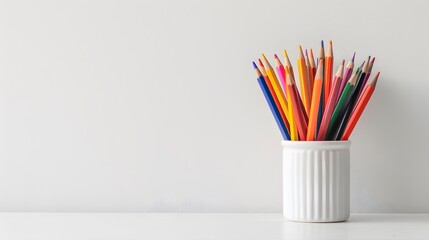Minimalist plain white desk with pencil pot and pencils, copy space on the right side of the frame, blank wall background, simple, minimal, clean.