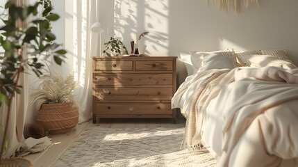 Nordic style bedroom, with white walls and wooden furniture. A chest of drawers is in the center, with warm sunlight shining. A beige carpet lies on the floor, with soft blankets and pillows on top.