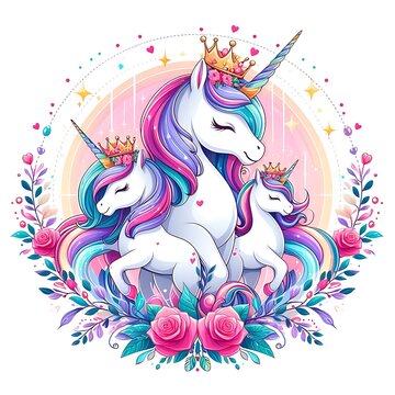 A group of unicorns with rainbow hair and crown highquality vector professional creative.