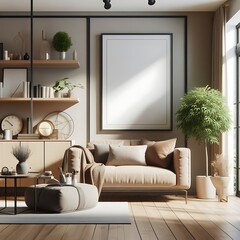 A living room style interior set design with a mockup poster empty white and with a couch and a plant Vibrant Vibrant.