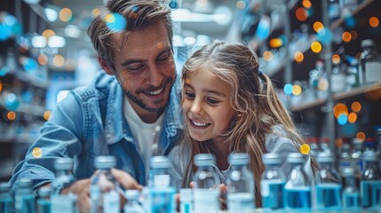 Smiling father and daughter looking at test tubes in drugstore. Focus on girl