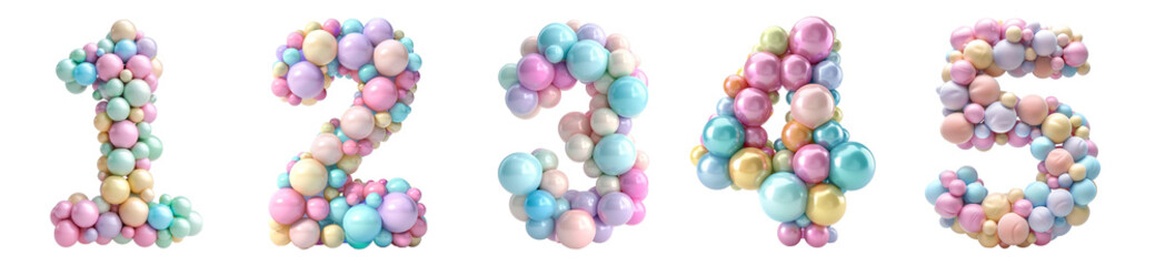 Fototapeta premium Pastel Balloon Numbers 1 to 5 Fun Party Decoration transparent background