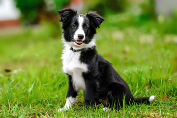 Cute black white border collie puppy sitting in the summer park on a sunny day. Veterinary, pet store, pet training concept. Copy space.