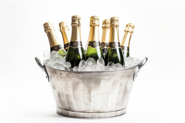 Beer bottles in metal basket with ice cubes on white background for party drink