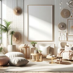 Fototapeta premium A living room style interior set design with a mockup poster empty white and with a large picture frame decoration Vibrant informative informative engaging.