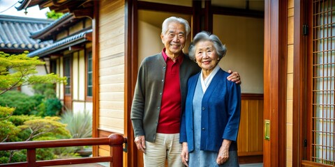 Obraz premium An elderly Japanese couple stands outside their house with a welcoming expression.