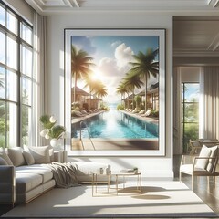 A living room style interior set design with a mockup poster empty white and with a large picture of a swimming pool Vibrant unique.