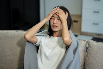 Woman feeling sick and headache, health care concept.