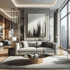 A living room style interior set design with a mockup poster empty white and with a large window optimized creative Vibrant engaging professional.
