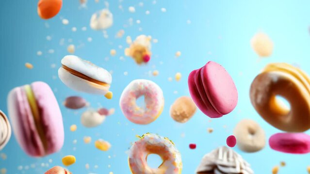 Assorted flying sweets and desserts on a blue background