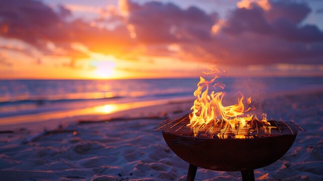 Grill with flame on the beach on sunset