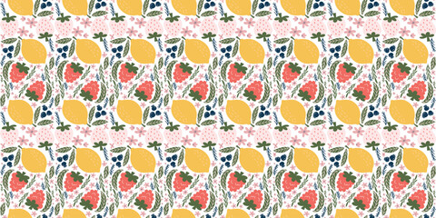 Cheerful seamless pattern featuring illustrations of white strawberries, raspberries, lemons, blackberries, pink flowers, and green leaves, arranged in a playful and modern design.