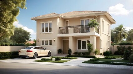 Small house exterior design with a car parking, full beige color theme, real estate home exterior front elevation with a small lawn, bright sunny day 