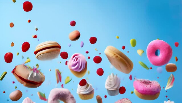 Colorful floating desserts on a blue background