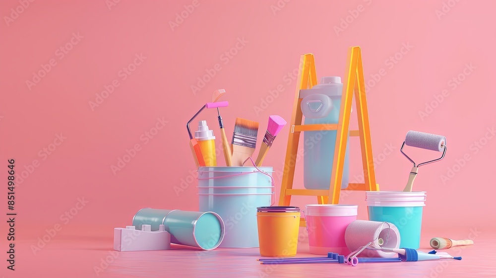 Poster a 3d rendering of a paint roller, brushes, paint buckets, and a folding ladder on a pink background.