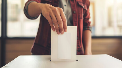 Obraz premium A person casting their vote in a voting booth, emphasizing the importance of participating in elections. Generative AI illustration 