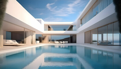 architecture building with an empty interior and floor area, showcasing sleek Architect's rendering of a modern house with a pool Luxury estate visualization: white house with a pool Dream house 