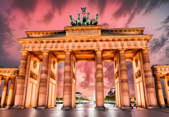 Obraz premium illustration inspired by the Brandenburg Gate in Berlin at twilight, capturing the majestic architecture illuminated by soft evening light. This artwork reflects the historical significance