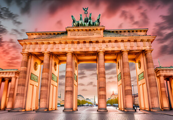 Fototapeta premium illustration inspired by the Brandenburg Gate in Berlin at twilight, capturing the majestic architecture illuminated by soft evening light. This artwork reflects the historical significance