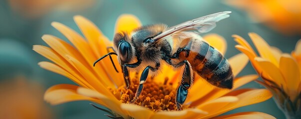 Close up of Bee Pollinating Vibrant Flower Symbolizing Biodiversity and Environmental Conservation