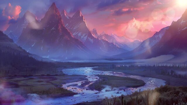 view of mountains and rivers at dawn, anime or cartoon style