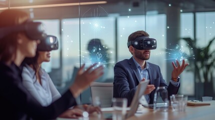 Skilled business people wearing VR glasses while planning strategy. Skilled project manager analyzing marketing data while talking and checking at financial plan.Technology innovation concept. AIG42.