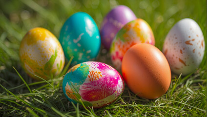 Naklejka premium Easter sunday background, colorful easter eggs on the ground, easter festival