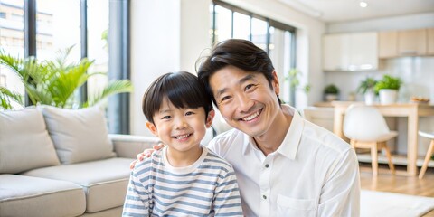 Japanese dad and little son smile mutually.