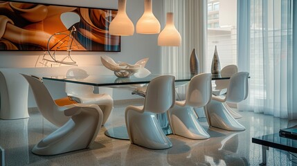 modern dining area with a glass top table, sculptural chairs, and artistic lighting fixtures for a stylish meal setting