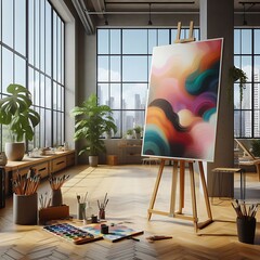 A painting on a easel in A room style interior set design with large windows informative creative unique creative photos.