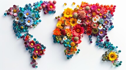Fototapeta premium World map made of colorful glass beads and flowers on white background.