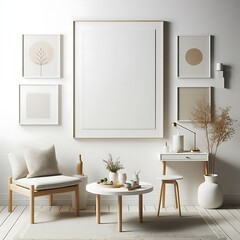 A room style interior set design with a white wall and a white chair and a table Vibrant unique engaging creative.