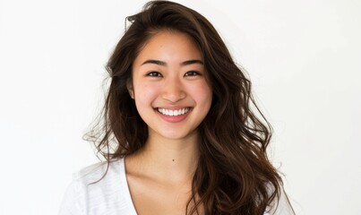 Naklejka premium Portrait of a young Asian woman smiling against a white background. Ideal for lifestyle, beauty, and diversity-themed projects