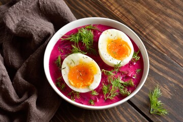 Homemade cold summer beet soup with cucumbers, dill and egg