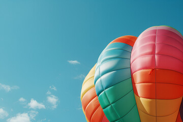 Obraz premium Vivid sunset sky adorned with a multitude of hot air balloons drifting peacefully , Brightly colored hot air balloon against blue morning sky on the ground before take off and balloon in the air 