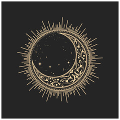 Mystical sun and half-moon filled with pattern, ornate crescent in tarot style, magic jewel, occult symbol, vector