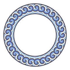 Round mosaic frame with sea wave curls in portuguese style, circle border decor with greek ornament, vector
