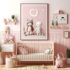 A pink nursery with a crib and a picture of a couple of dolls informative creative.