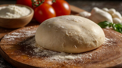 Fototapeta premium Raw pizza dough on kitchen table, Pizza dough in a kitchen background