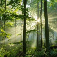 Looking straight up Green forest. Trees with green Leaves, blue sky and sun light. Bottom view background with fog and rays.