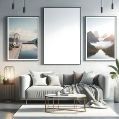 A living room style interior set design with a mockup poster empty white and with a couch and a coffee table Vibrant informative engaging.