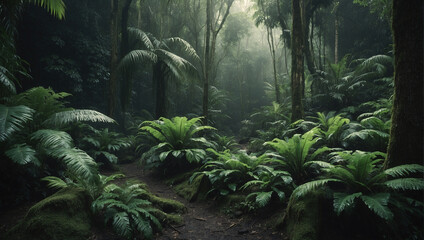 tropical rain forest view in the morning, green trees and plants in jungle, rainy season environment