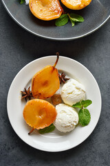 Poached pears with ice cream