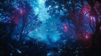 A cyberpunk jungle with synthetic trees, glowing blue leaves, starry skies. , a kaleidoscope of broken dreams, fills the scene with a surreal atmosphere. cyberpunk, futuristic.