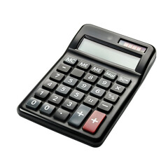 Close-up of a black calculator with red and blue buttons, isolated on transparent background, idea for business and financial calculations.
