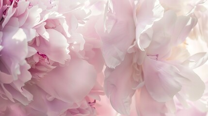 Fototapeta premium Peony bloom, macro shot, pastel pink petals, gentle light, detailed texture, soft bokeh. 