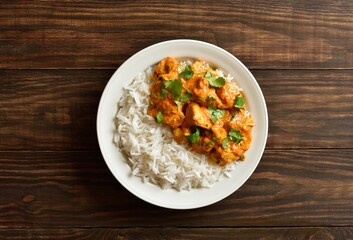 Butter chicken with basmati rice on plate on wooden background
